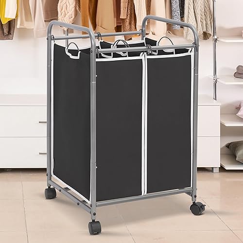 Miniatura 2 de STORAGE MANIAC Clasificador de ropa sucia de 2 secciones, cesta de lavandería de 90 L Gal con ruedas, clasificador separador de cesta de ropa,