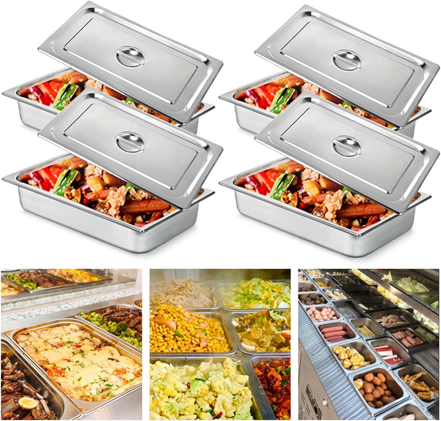 Juego de 4 recipientes para Calentar Alimentos, Adaptador para Platos de frotamiento para buffets de hoteles, Empresas de Catering, recepciones, entornos de autoservicio, restaurantes,Plata