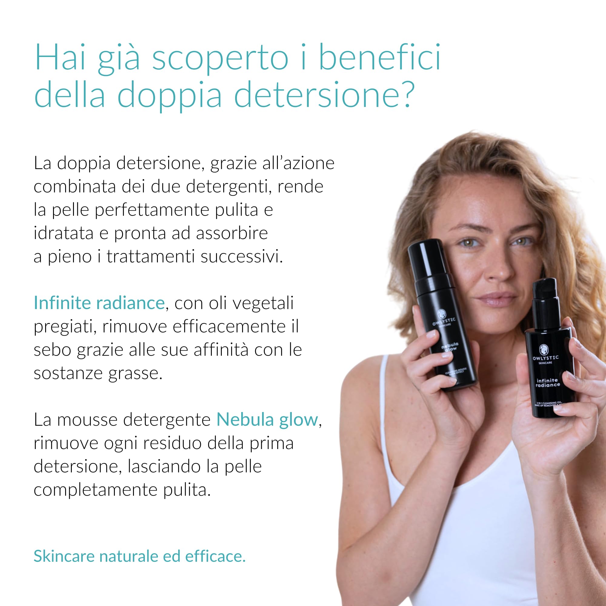 OWLYSTIC Set de Aceite y Mousse Limpiador Facial para Pieles Sensibles - BIO Vegano 100% MADE IN ITALY - Aceite Facial 3 en 1 con Vitamina E y Aceites Preciosos + Mousse Limpiador Desmaquillante