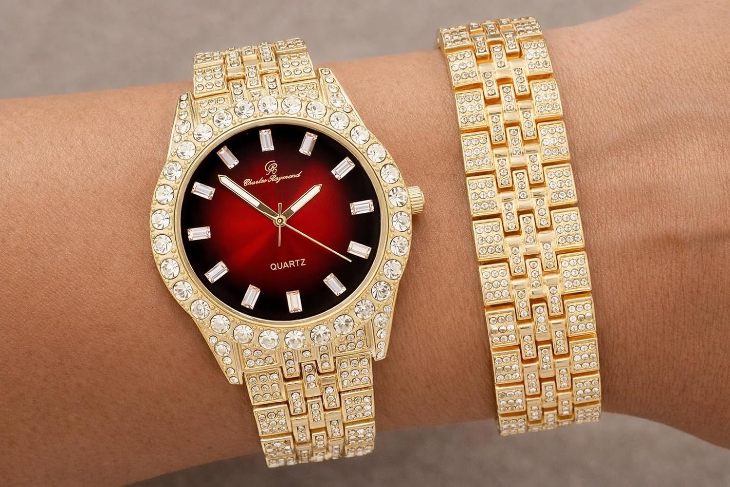 Iced Mens Single Watch or Watch w/Matching Rolly or Cuban Hip Hop Bracelet - Your Choice! - Big Rhinestones on Trim and Elegant Baguette Time Indicators on Dial - Master Bling Designer - ST10226B