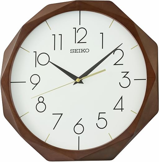 SEIKO QXA863BLH Modern Octagon Non Ticking Wall Clock, Brown, 13 Inches