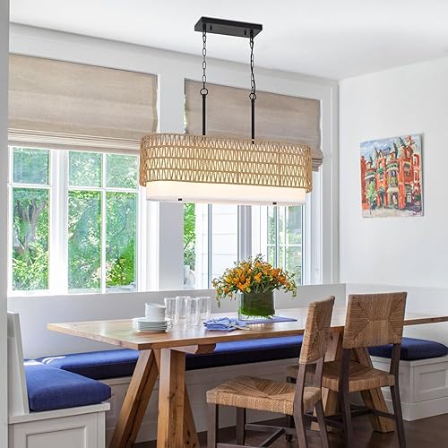 Miniatura 7 de HMVPL Candelabros de ratán para comedor, lámpara de comedor bohemia, lámpara colgante de cocina lineales de 5 luces con pantalla de tela, lámpara