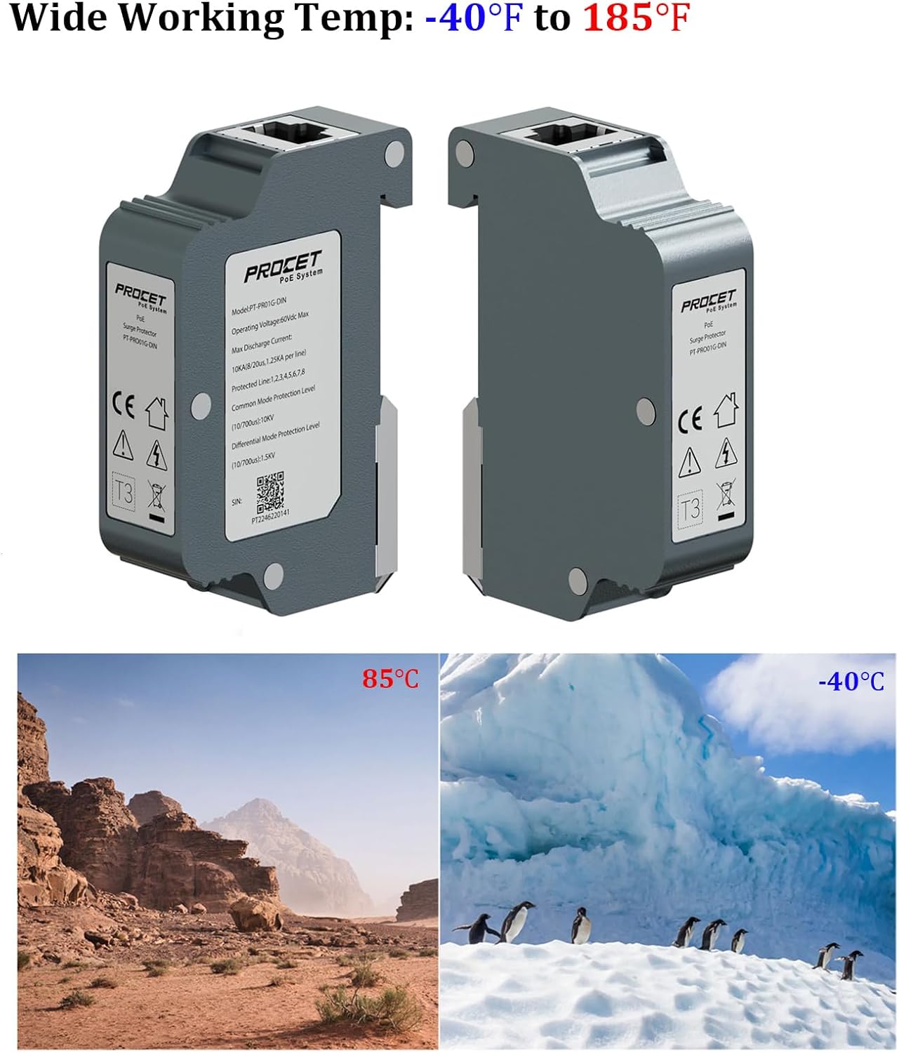 PROCET 10KV DIN Rail PoE Surge Protector IEEE802.3bt/PoE++ Up to 120W Gigabit PoE 10KV Lightning Suppressor, -40℉ to 185℉, Industrial Zinc Alloy, Gas Discharge Tube