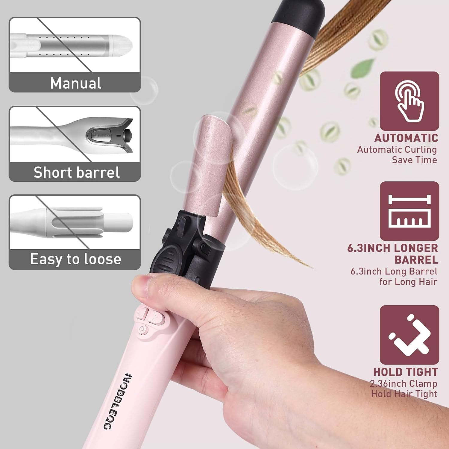 Rotating Curling Iron, NOBBLEQG Global Voltage Automatic Curling Iron with Clamp, 5 Heat Settings 360° Rotatable Power Cord, Automatic Reset Function Hair Curler Automatic Rotating (1.26 Inch)