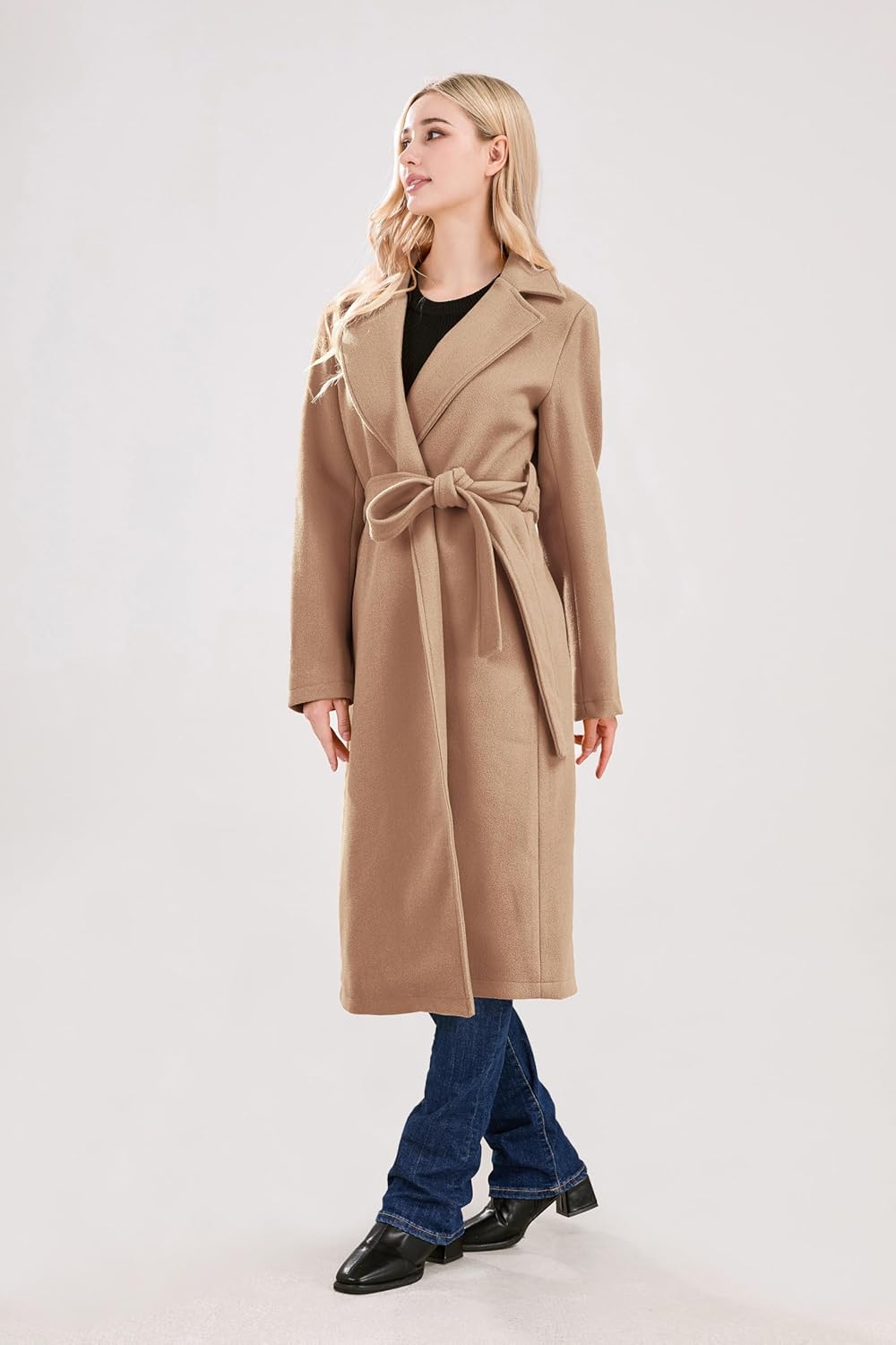 utcoco Womens Long Wool Pea Coats Notched Collar Open Front Woolen Blend Trench Coat with Belt - Image 4
