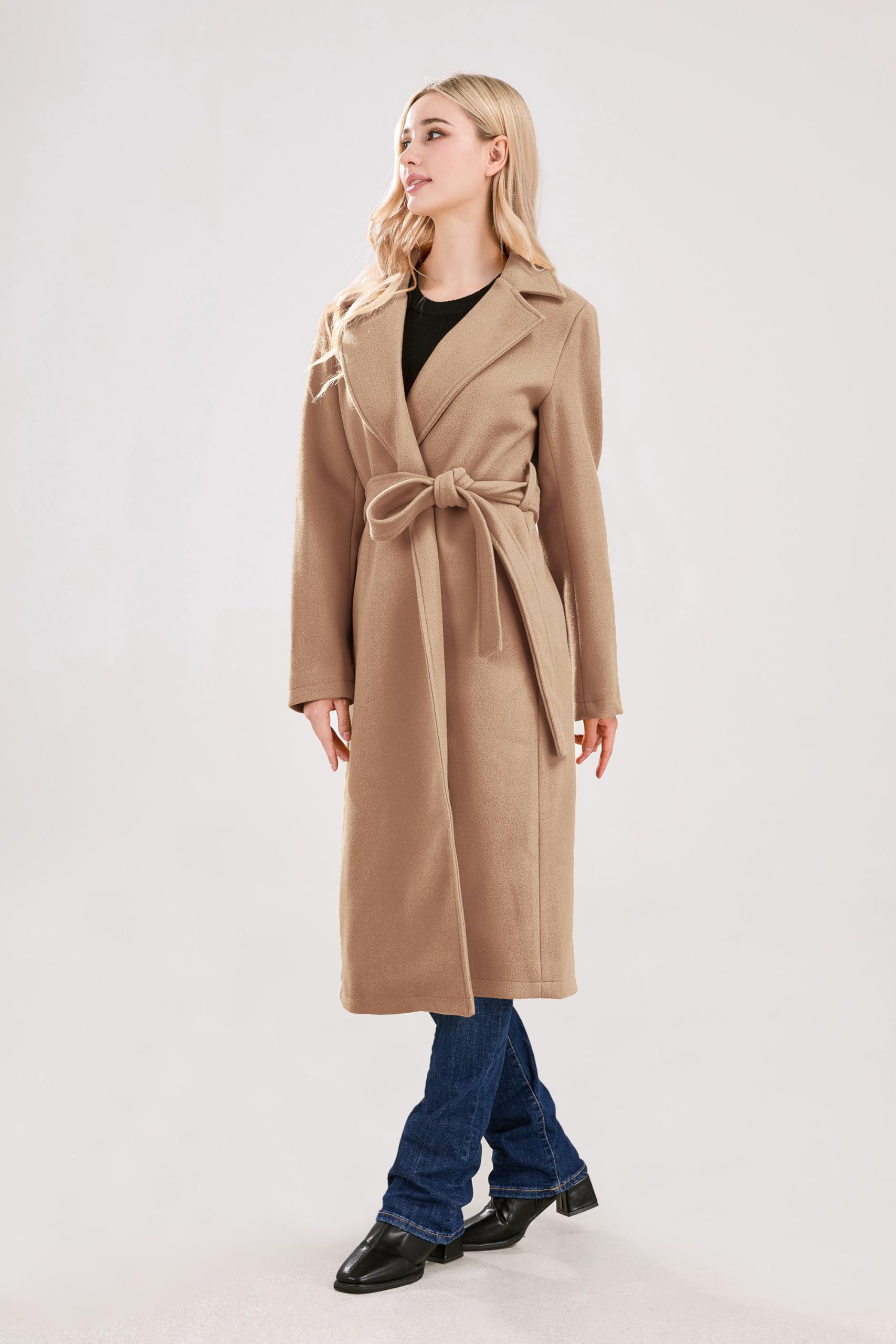 utcoco Cappotto lungo da donna in lana con colletto dentellato aperto sul davanti in misto lana trench con cintura