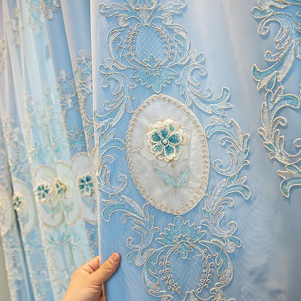Amidoudou Doppellagen-Vorhänge Mit Volant – 3D-Blumenstickerei, 130x215 Cm, Blau