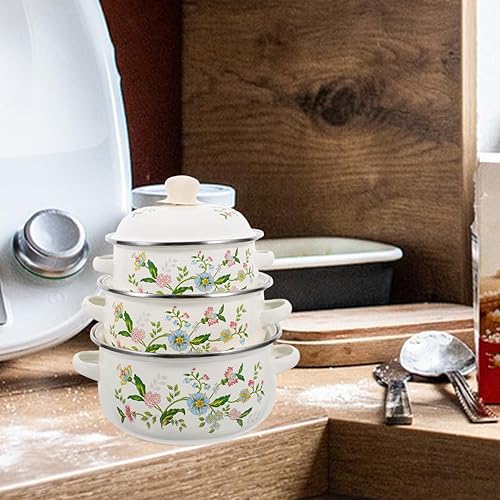 Miniatura 5 de Luxshiny Juego de 3 mini ollas de sopa esmaltadas con asas, ollas pequeñas para cocinar fideos, sopas, salsas y alimentos para bebés, fondo plano,