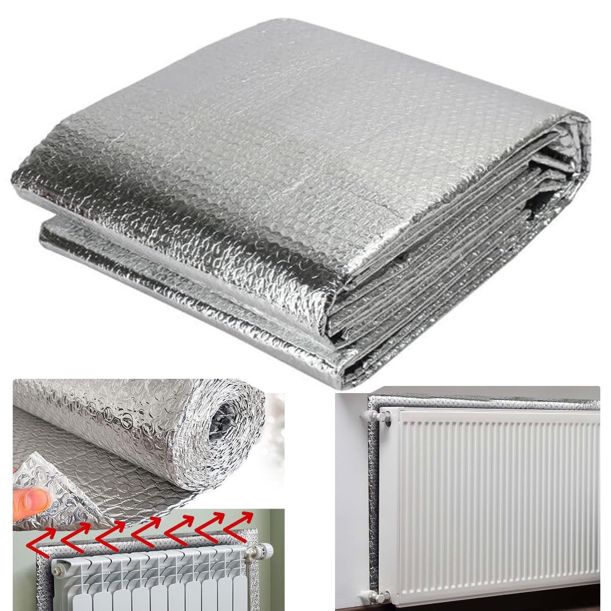 Almineez Silver Radiator Reflective Foil Foil Insulation Sheet Heat Reflector With 3M Sticker Pad Energy Saving Foil Panel Easy Install – Reduce Your Heating Costs Winter Bills – Size 10M X 0.6M