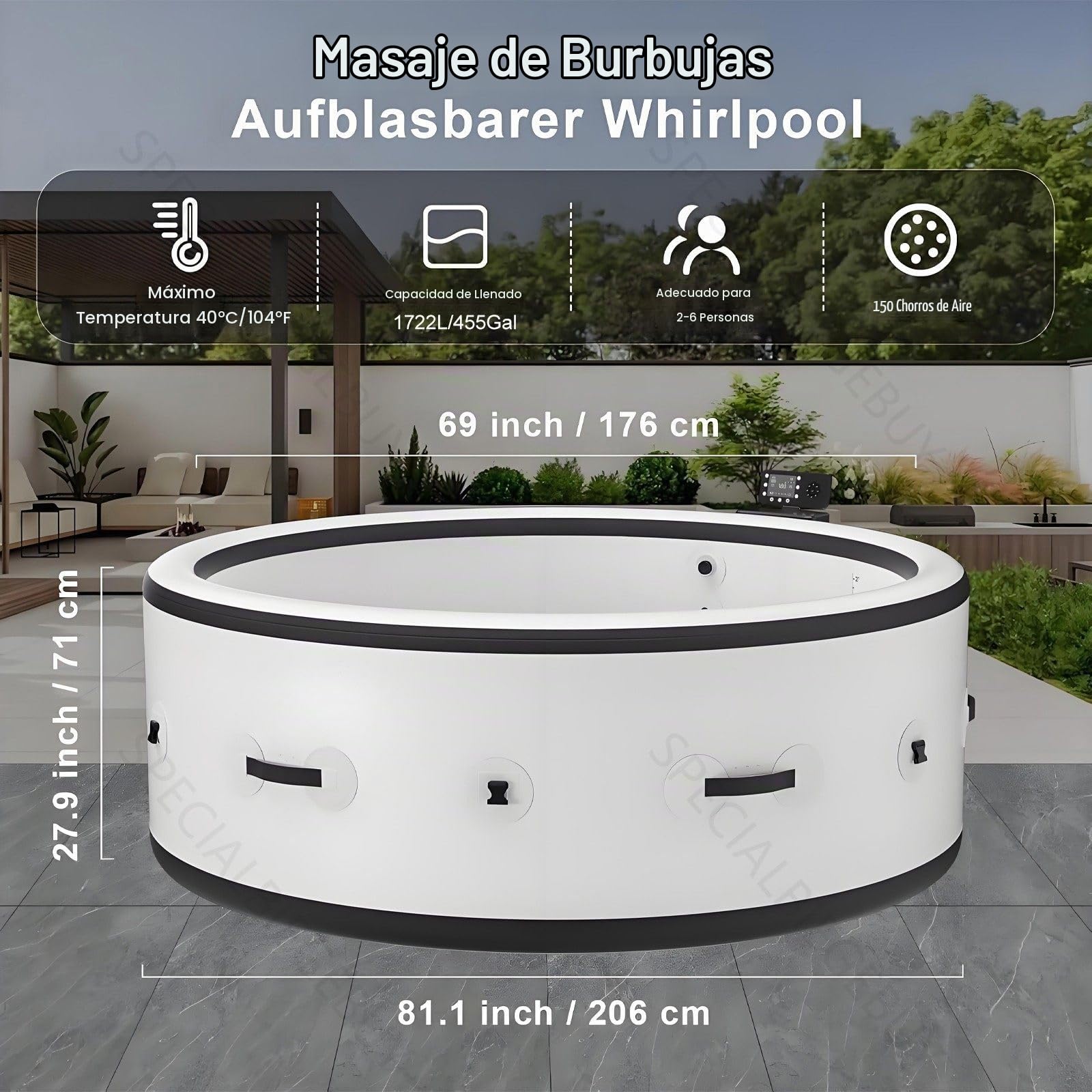 Bañera Inflable PVC Premium Antifugas 81,1×27,9 Pulgadas, Spa Exterior Rígido Portátil Para 6 Personas, 150 Chorros Masaje, Bomba Calefactora Inteligente, Circulación PTC, Calefacción Baja, 6 Modos