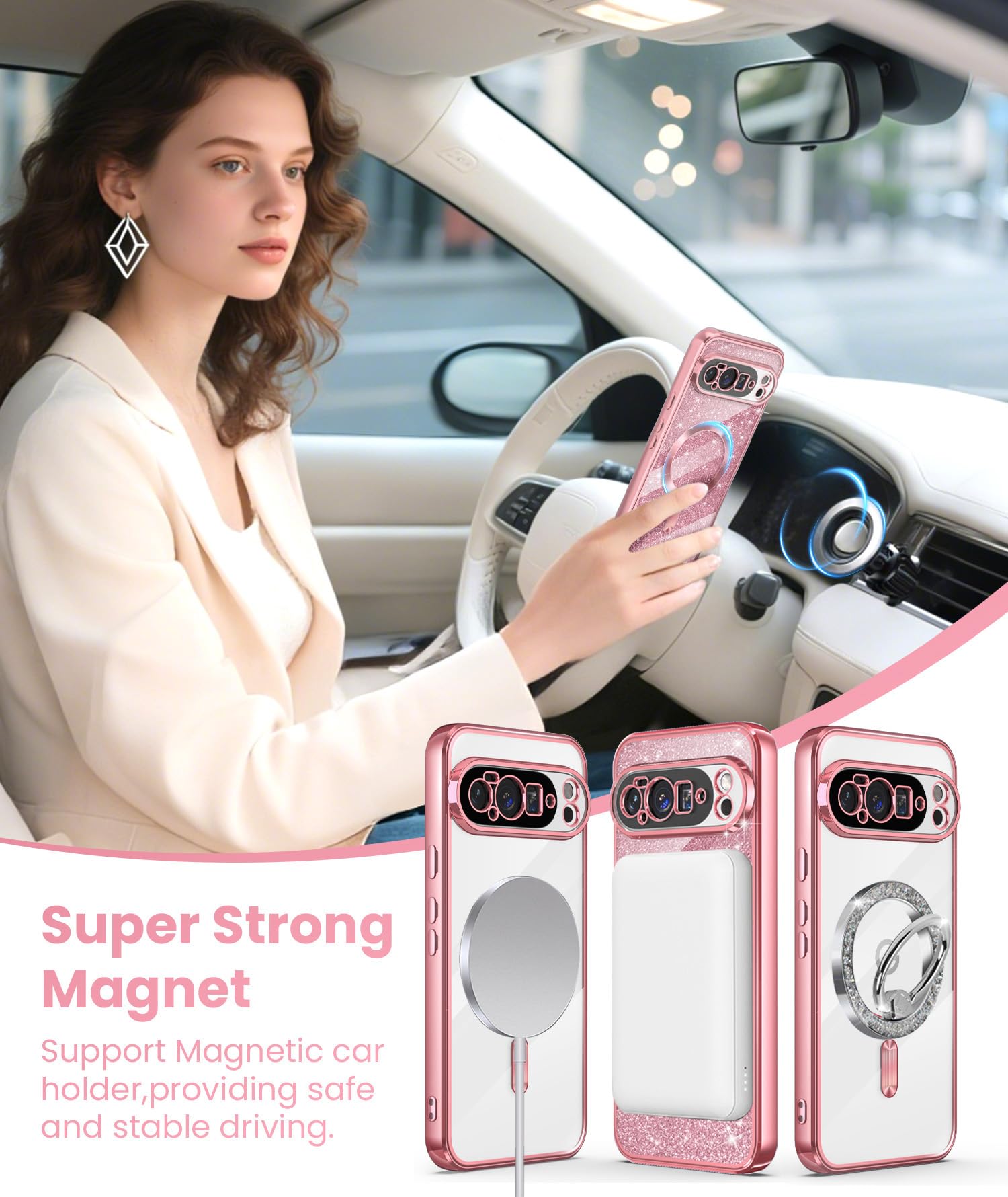 Magnetic for Google Pixel 10 Pro XL Case + 2X Screen Protectors,Luxury Plated Gold Edge [Glitter Card&Wrist Strap] Slim Soft Crystal Clear TPU Shockproof Case Cover for Pixel 10 Pro XL-Pink