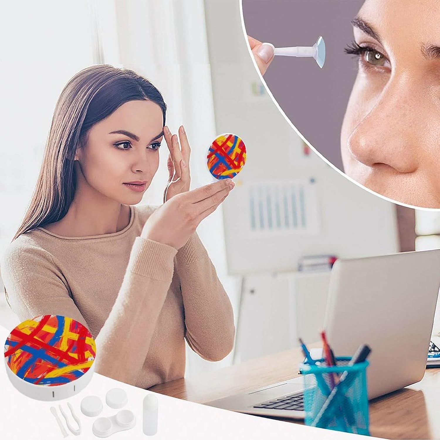 Abstract Art Contact Lens Case with Cleaner Washer Cute Contact Lens Soak Storage Holder Container with Mirror Mini Portable Contact Lens Box Set for Travel Outdoor Use