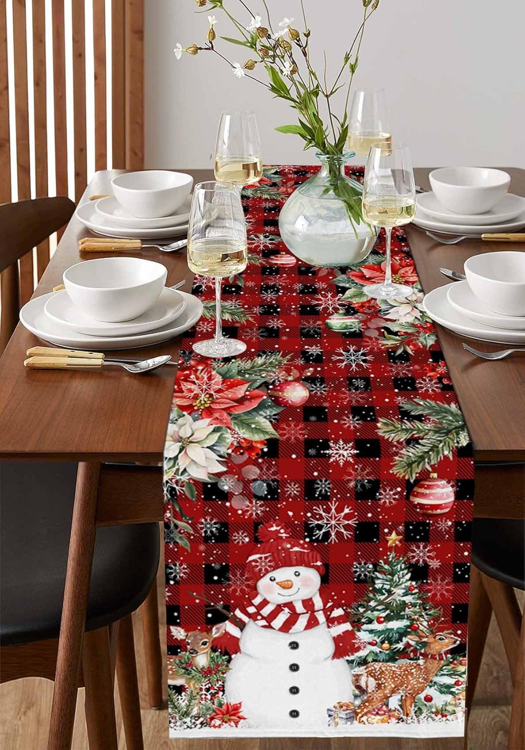 Red Plaid Snowman Christmas Table Runner - 120 Inch Long Xmas Balls Cotton Linen Dress Scarves Botanical Tree Elk Farmhouse Table Runner for Kitchen, Coffee Table, Christmas Party 13"x120"