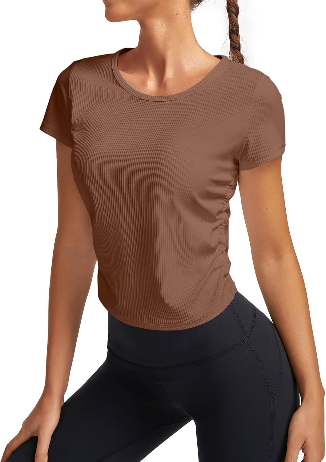 Crop Tops for Women Crew Neck Ribbed Side Ruched Basic T-Shirts Slim Fitted Tee