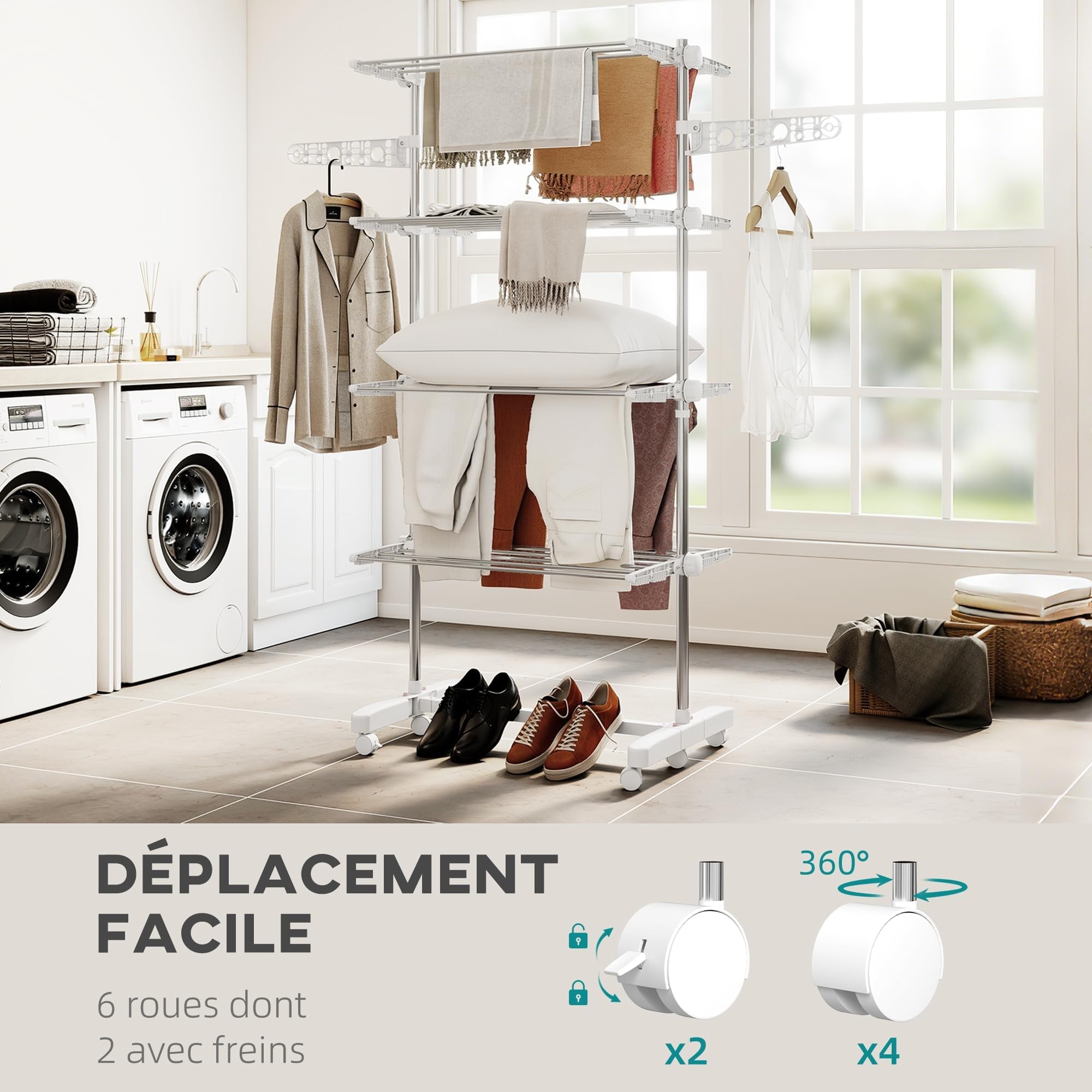 HOMCOM Séchoir à Linge étendoir Pliable Ailes latérales Utilisation intérieure et extérieure 142 x 55 x 172 cm 4 Niveaux Blanc