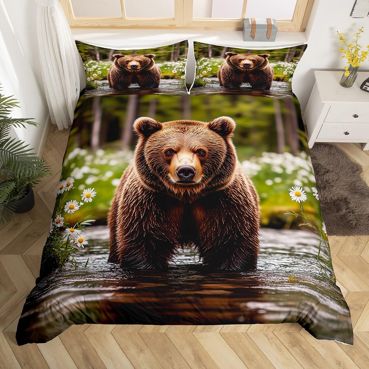 jejeloiu Bear Duvet Cover Set Wild Animal Bedding Set for Kids Boys Girls Western Farmhouse Comforter Cover Rustic Cabin Quilt Cover with 1 Pillowcase 2Pcs Bedding Toddler,No Comforter