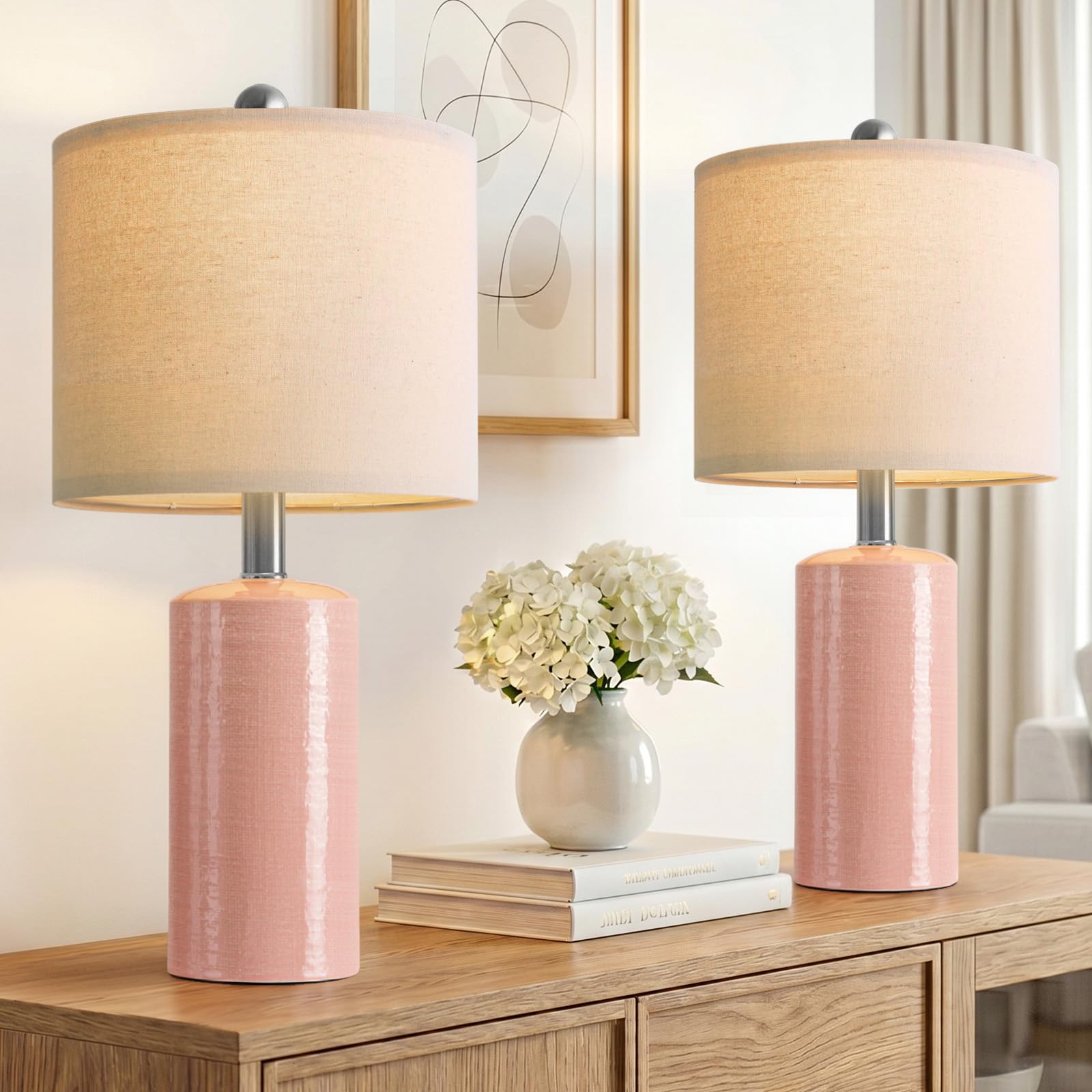 g-safava 20.5" small table lamps for living room lamp set of 2 ceramic lamps for bedroom bedside lamps modern boho lamps for night stands farmhouse nightstand lamp side end table lamp, pink