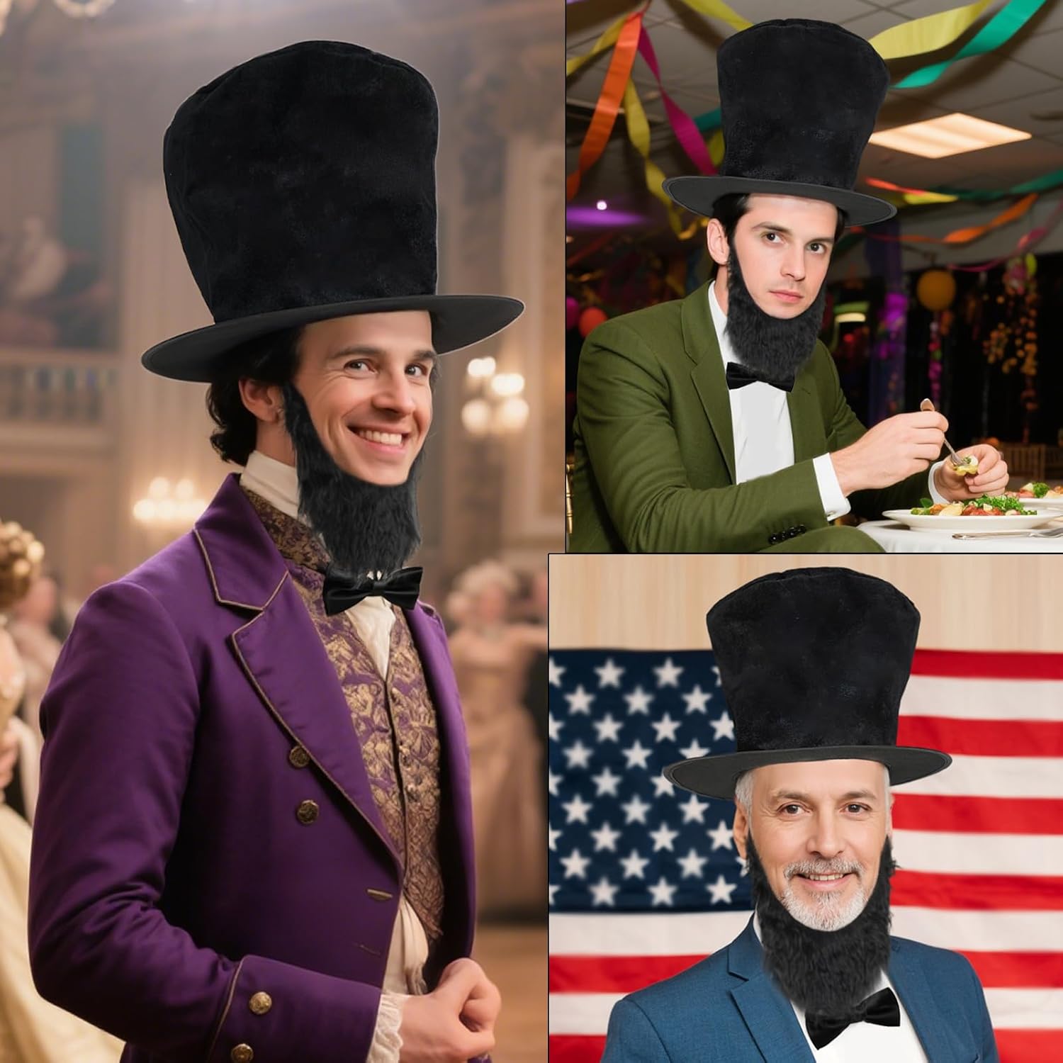 3Pcs President Costume Set for Adults Black Top Hat with Beard and Bowtie Set for Patriotic Party President Day Costume for Men Women Presidential Cosplay Kit for Halloween Outfit