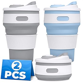 2-Pack Сollapsible Cups for Traveling Reusable – 12oz Leakproof Coffee Travel Mug, Silicone, Foldable & Portable for Hiking, Camping, Office | Lightweight Collapsible Coffee Cups for Outdoor Use