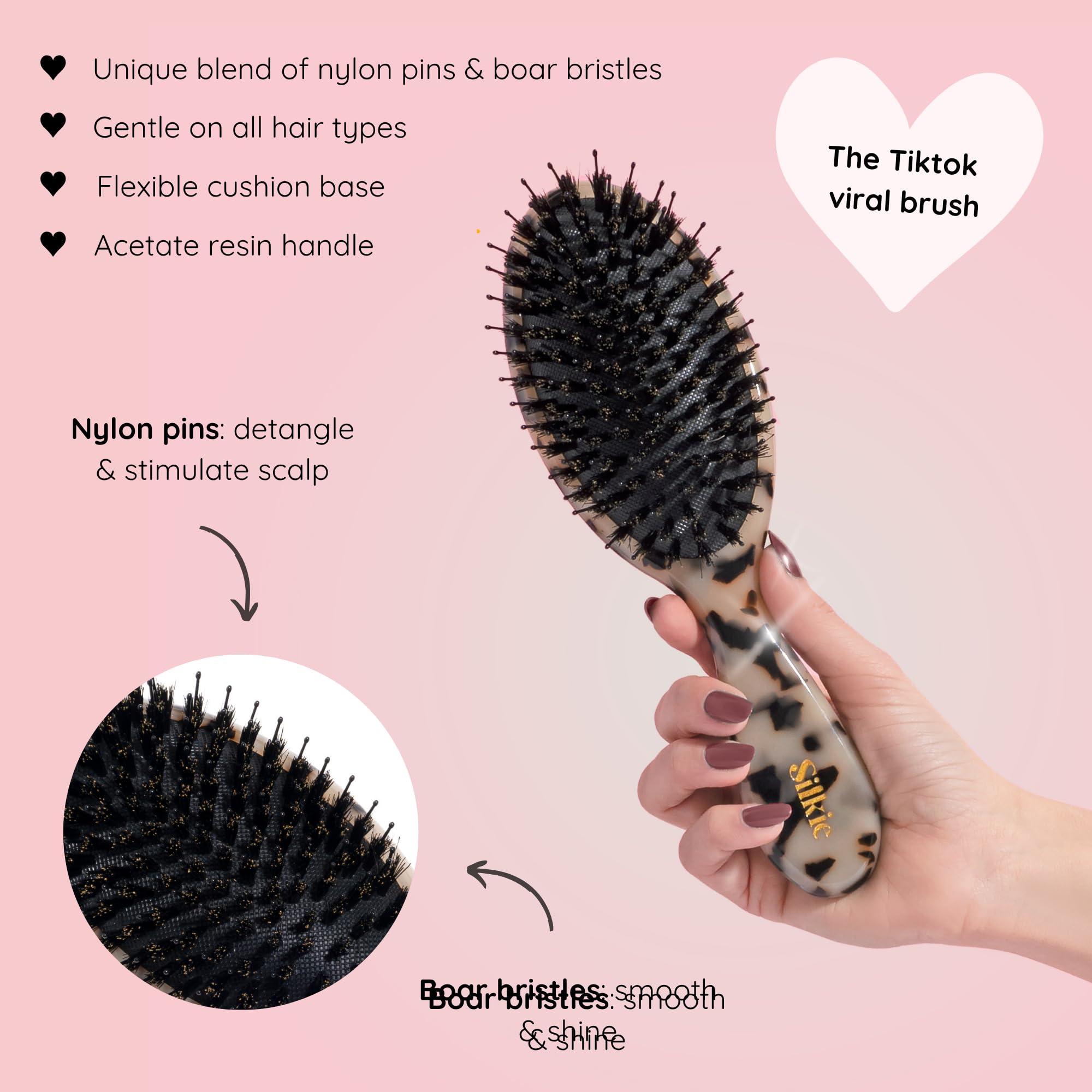 Silkie Acetate Resin Ultimate Smoothing Boar Bristle Brush Shine Detangling Straightening Gloss Natural Wigs Hair Extensions Slick Polish Curly Fine Straight Thick All Hair Frizz (Caviar) - Image 3