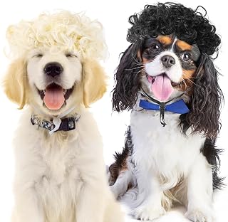 Hacaroa 2 Pieces Funny Dog Wig with Adjustable Straps, Blonde/Black Curly Dog Cosplay Hair Cat Headdress Apparel Toys, Pet Headwear Costume Accessories for Halloween, Christmas, Party