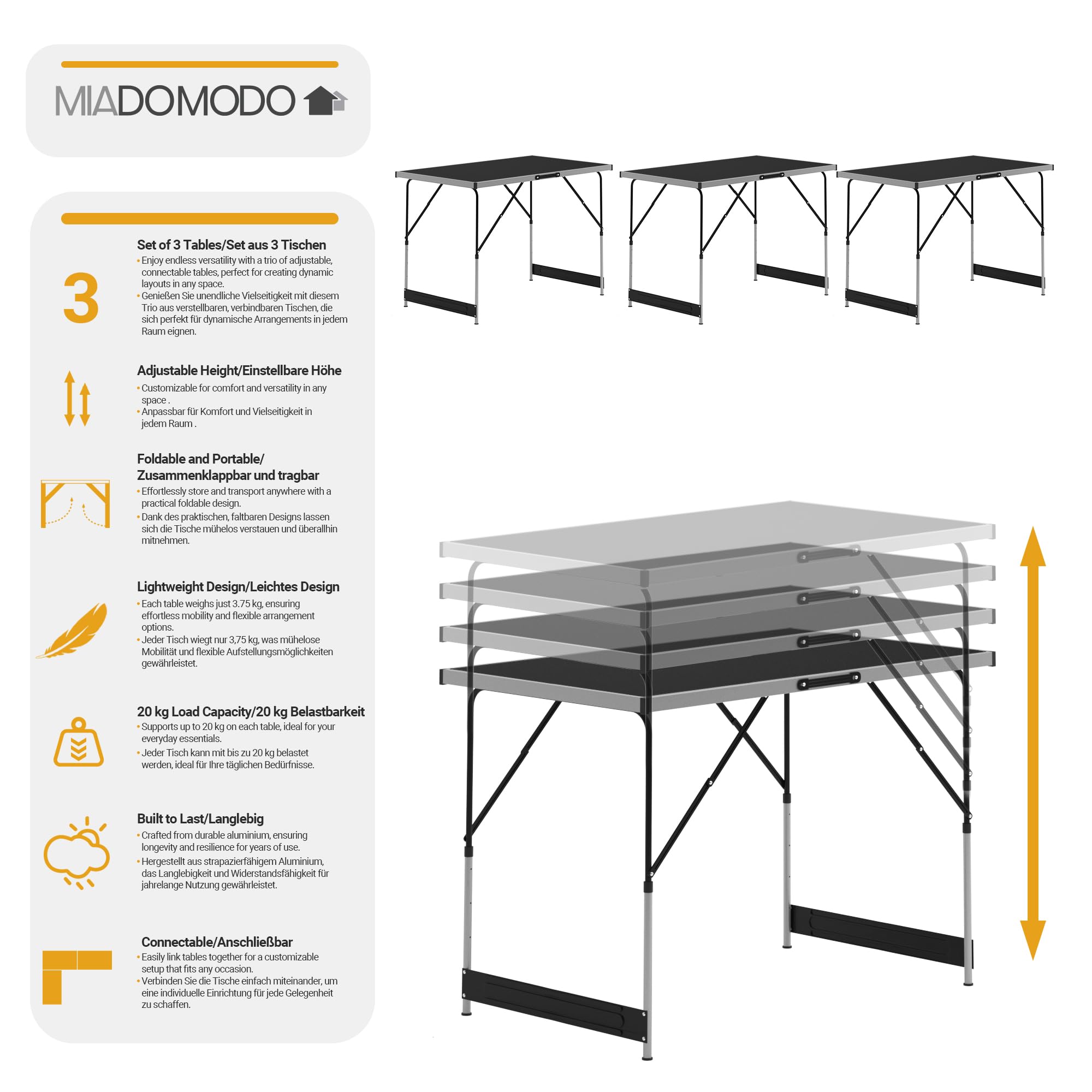 Tavolo Pieghevole Juskys 3 Pezzi - Alluminio E MDF, 100x60 Cm, Altezza Regolabile, Per Mercatini E Campeggio - Foto 6
