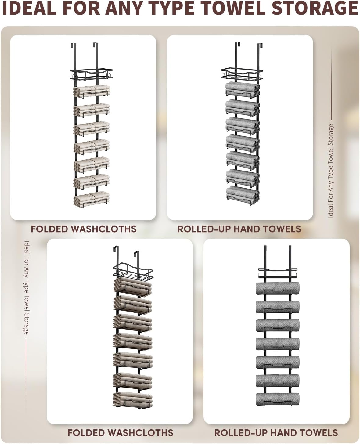 Hanging Towel Racks for Bathroom No Drill - Over The Door 8-Tier Bath Towel Storage Organizer for Small Bathrooms - Back Door Large Tiered Towel Holder Hanger for Rolled Towels RV Camper BLACK