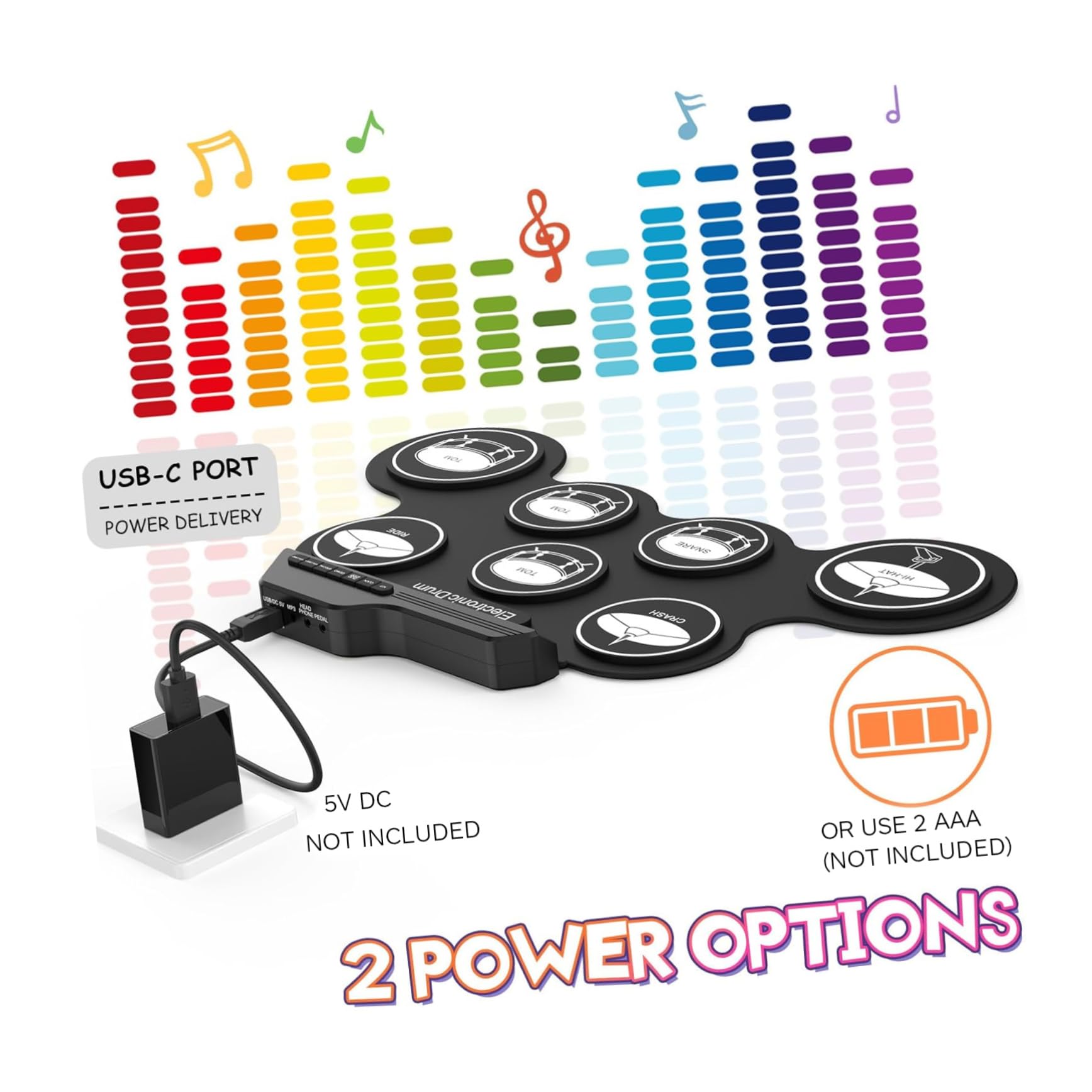 Batteria Elettronica Portatile USB Nero, Set Digitale per Principianti | Silicone Abs, Jack Cuffie e Metronomo Integrato, Suono Realistico per Back To School Party