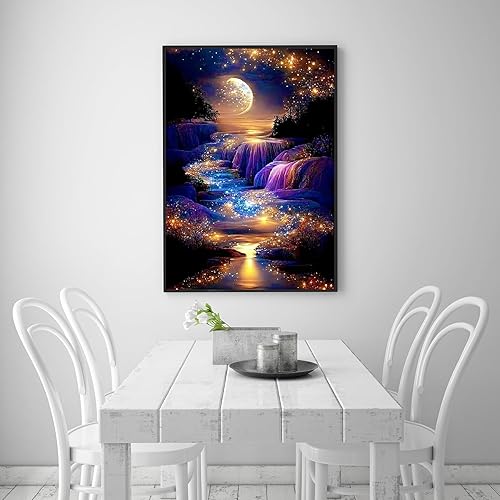 Miniatura 2 de KINPLUB Kits de pintura de diamantes 5D para adultos, kits de arte de diamantes de cascada de luna para principiantes, pintura de paisaje con puntos