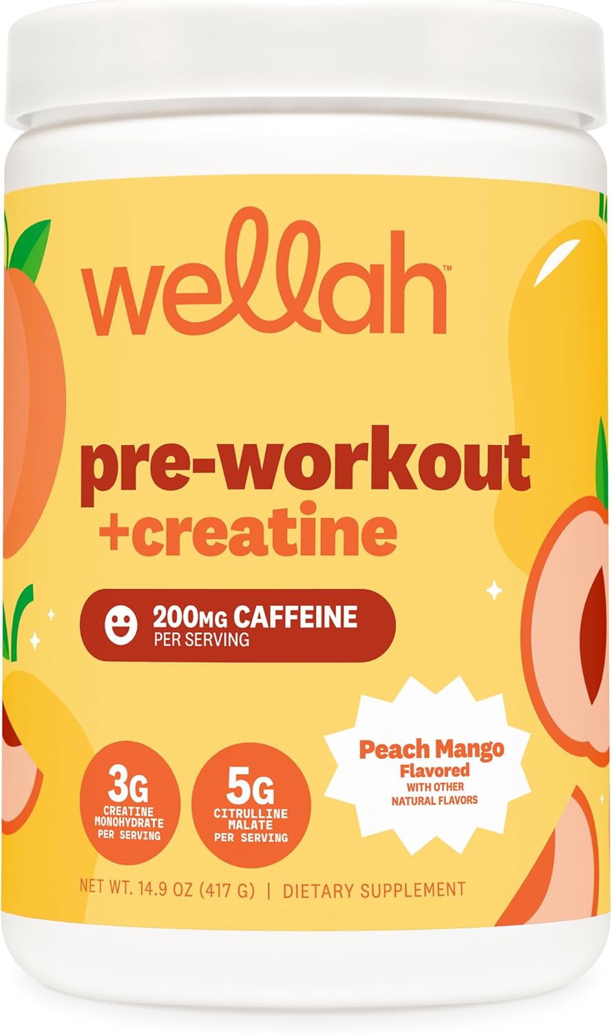 Wellah Pre-Workout + Creatine Powder (30 Servings) Peach Mango - 200mg Caffeine, 3g Creatine Monohydrate, 5g Citrulline Malate, Pre-Workout with Creatine Supplement