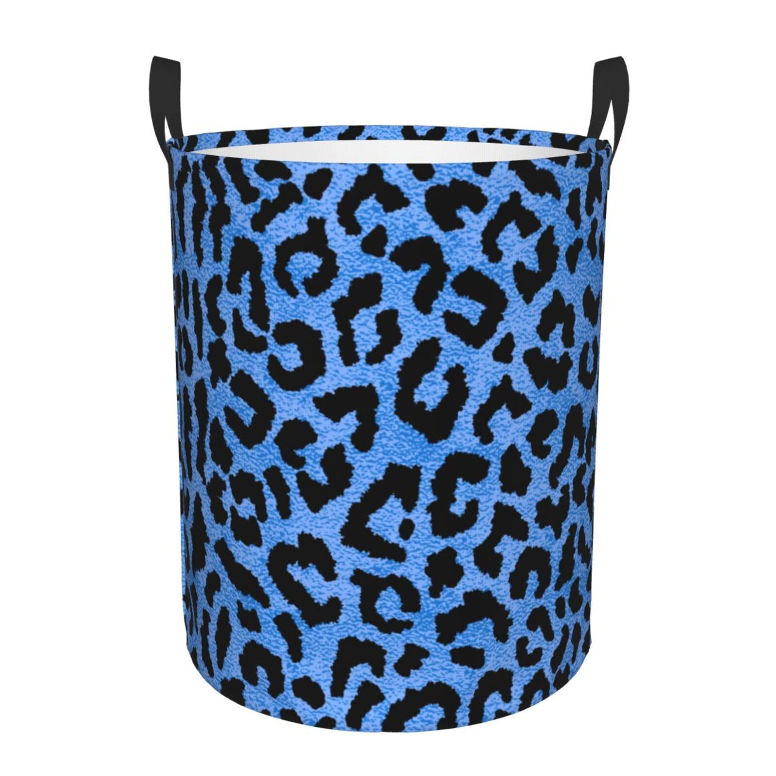 Blue Leopard Round Laundry Hamper Storage Basket Toys Clothes Organizer Bin For Home Bathroom Bedroom Dorm Nursery, 38l