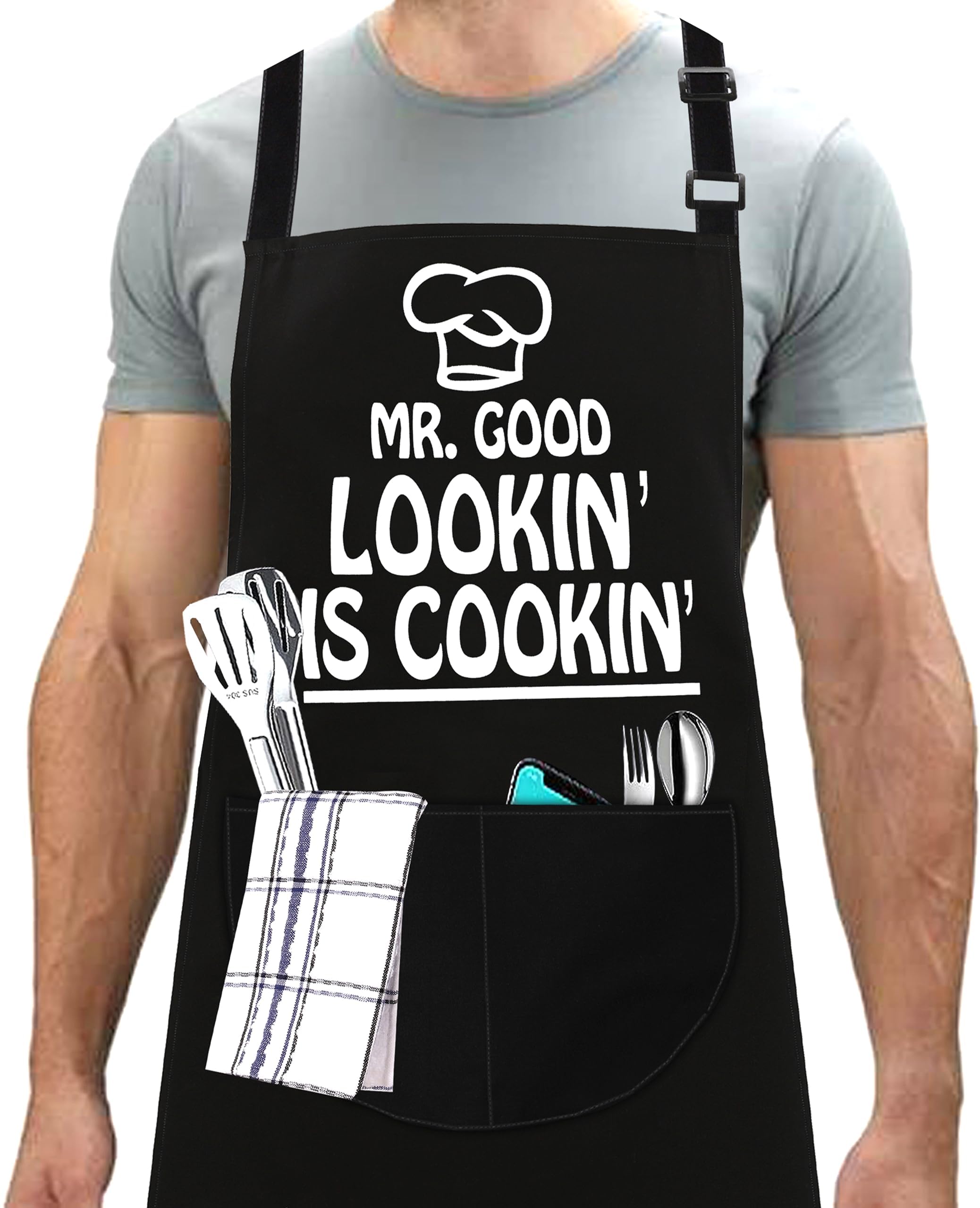 Paporich Adjustable BBQ Aprons for Men, Funny Rude Chef Aprons, Cooking Aprons for Men with 2 Pockets, Christmas Grilling Gifts for Dad Son Father Husband
