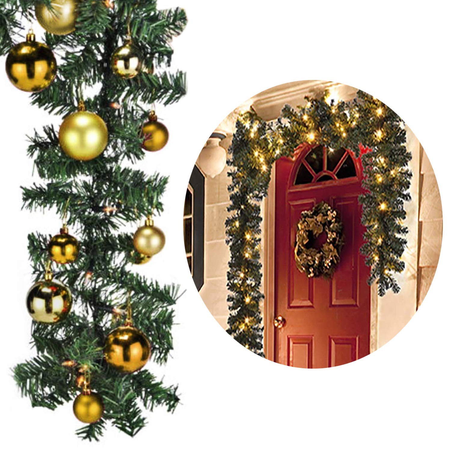 XXL Weihnachtsbeleuchtung Girlande beleuchtet Tannengirlande 100 LED Lichterkette 810 cm innen und außen inkl. 60 Christbaumkugeln Gold