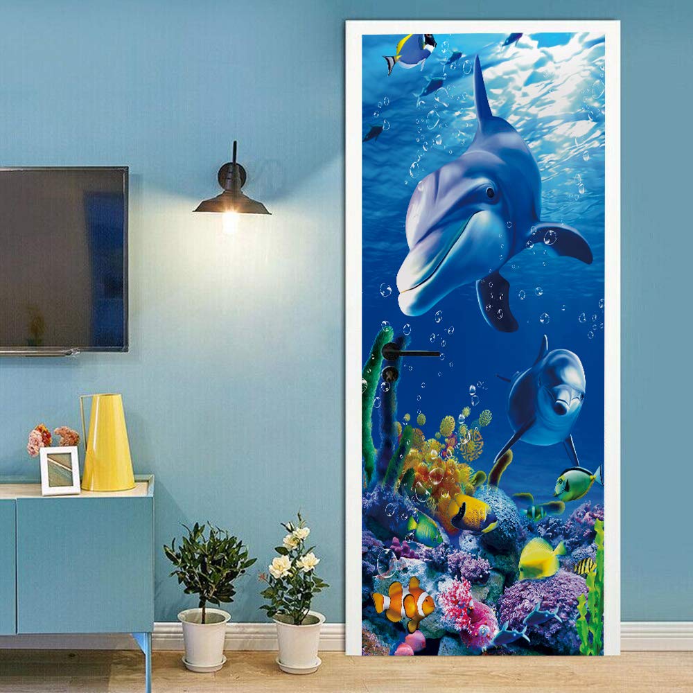Sticker porte dauphin bleu pour créer une ambiance marine dans la salle de bain
