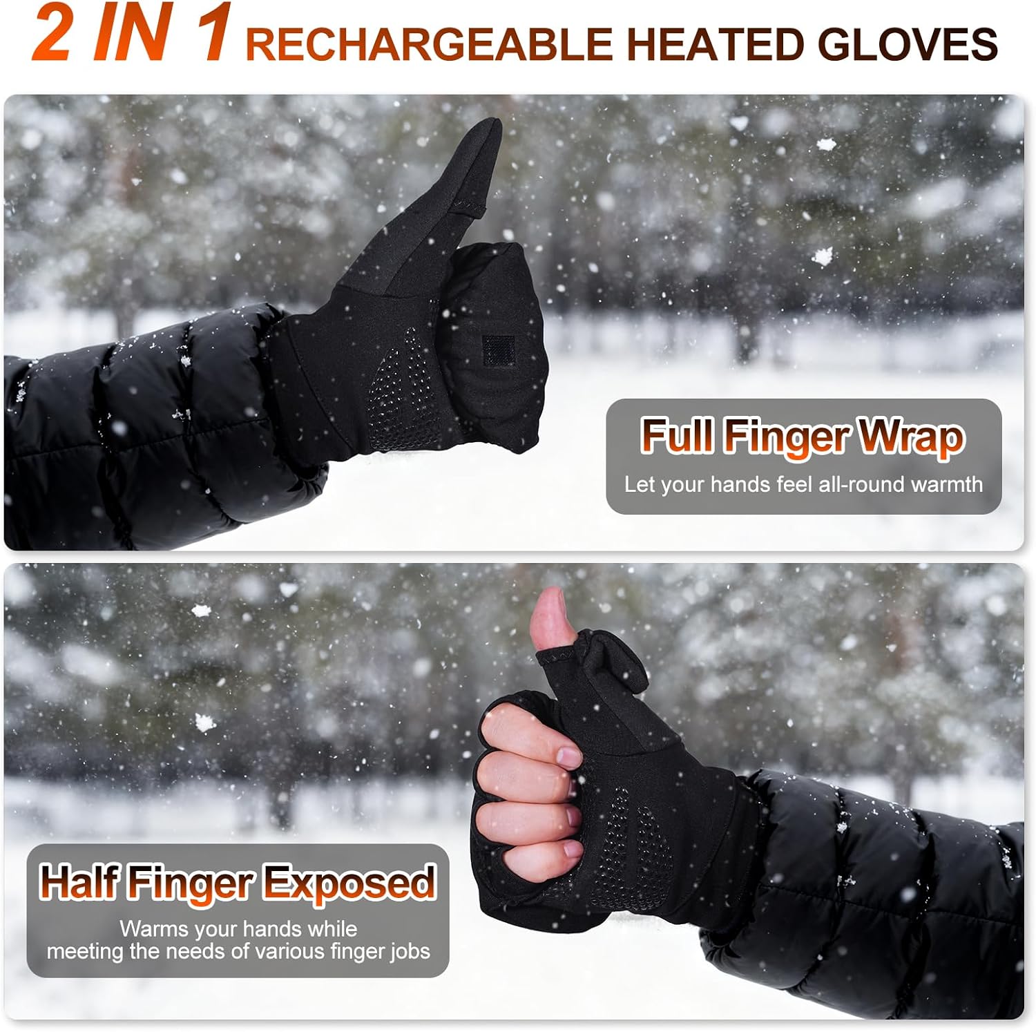 Heated Gloves for Men Women – 2 in 1 Full & Half Finger Design, Rechargeable Heated Fingerless Gloves with Touchscreen, Gifts for Christmas, Winter Hand Warmer for Work, Game, Cycling, Skiing