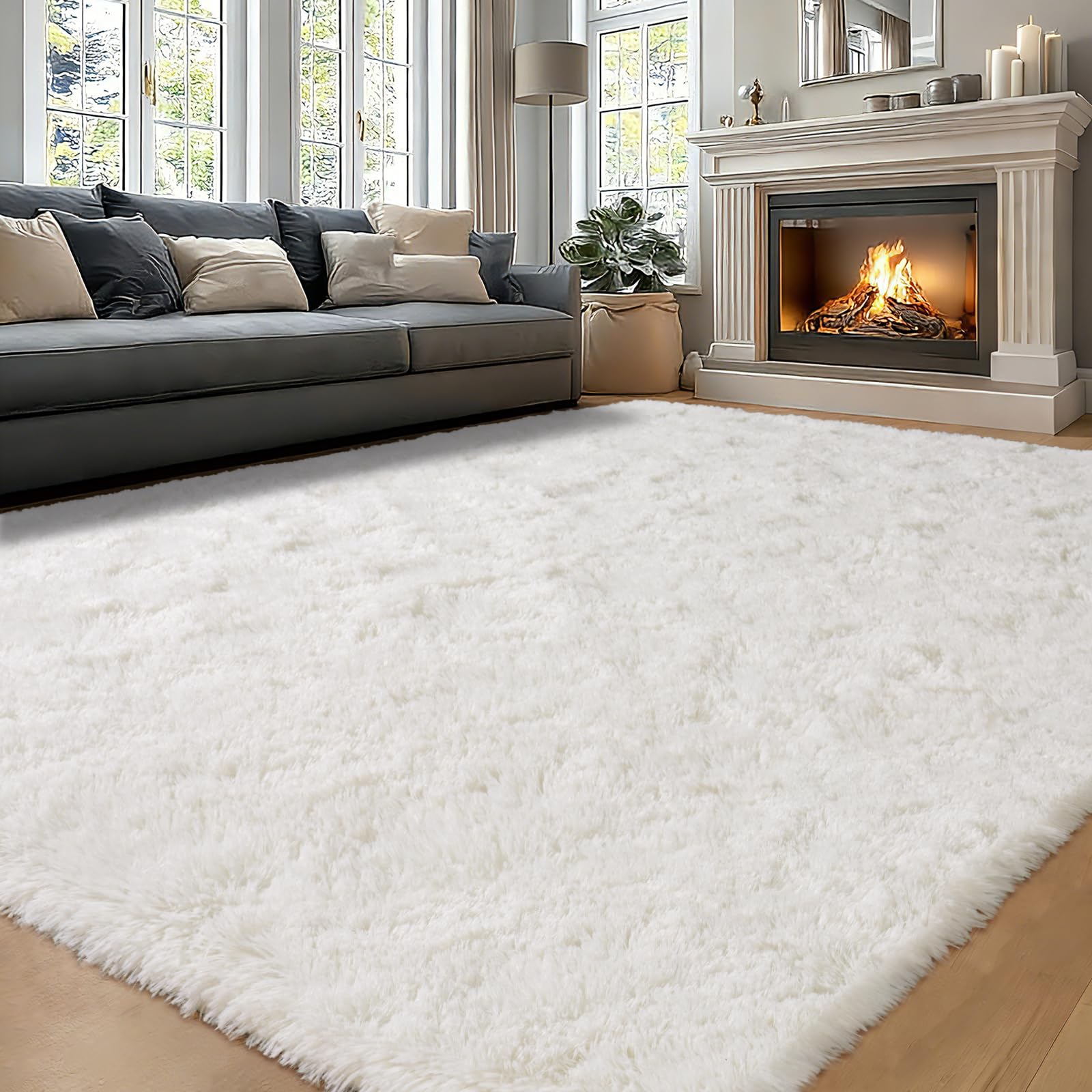 Tapis à poils longs blanc crème pour créer un coin lecture cosy dans un dortoir