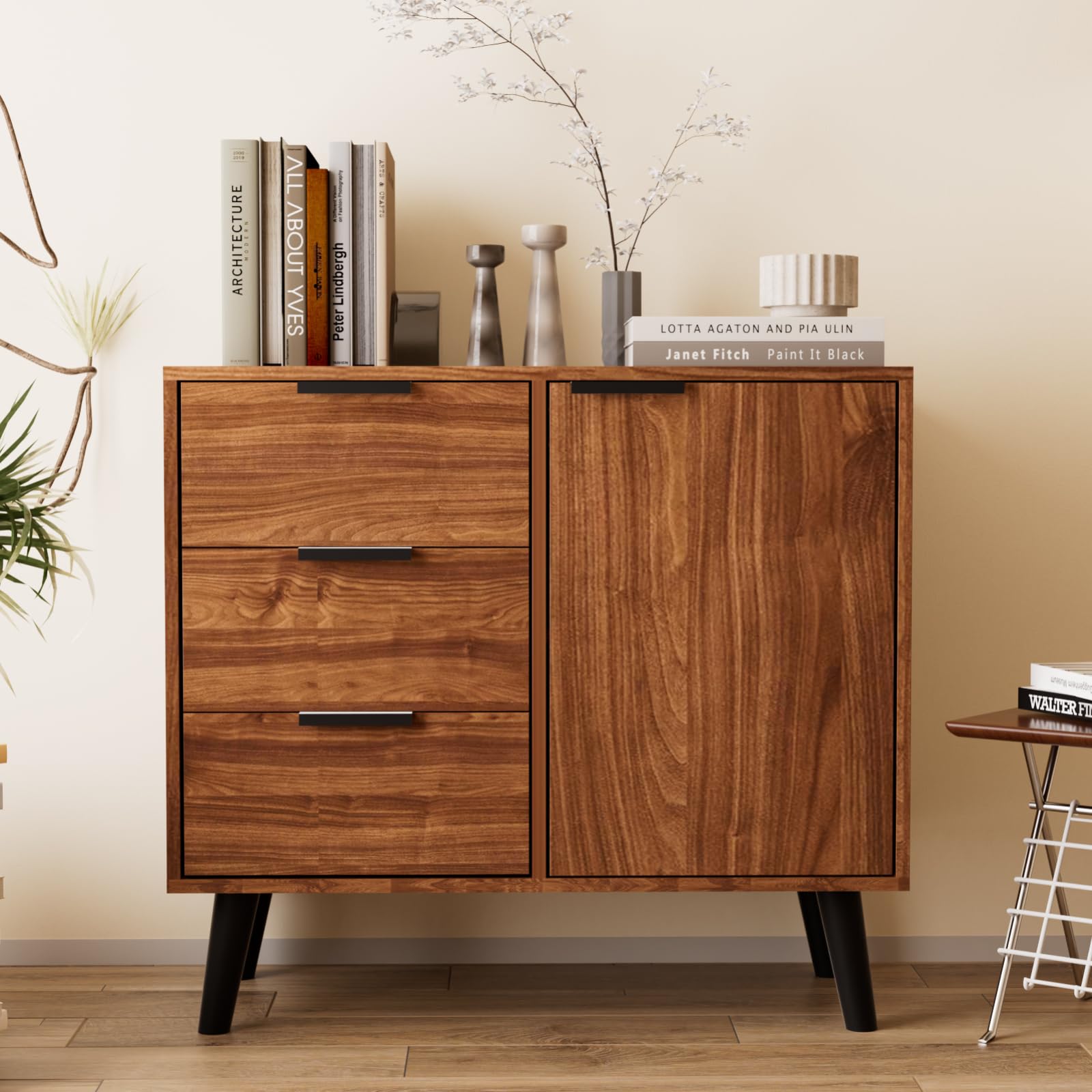Msutree Sideboard Buffetschrank mit 3 Schubladen und 1 Türen, Küchen Kommode mit verstellbare Einlegeböden, Vorratsschrank fürs Wohnzimmer, Esszimmer & Flur, Holzoptik 80x35x74cm (Eine Tür (80cmB)) Küche, Haushalt & Wohnen