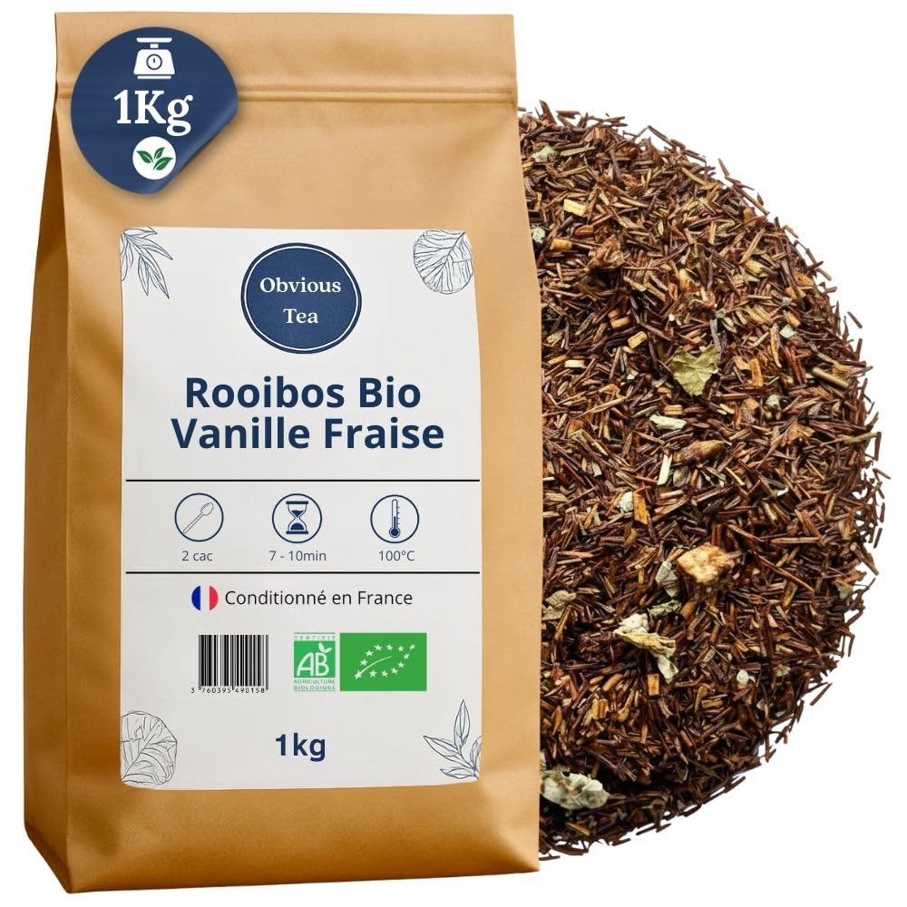 Organiczna herbata Rooibos o smaku wanilii i truskawki – sypana, wegańska, czerwona, w 100% naturalna, bez GMO – z upraw ekologicznych – pakowana we Francji – worek 1 kg (500 filiżanek)