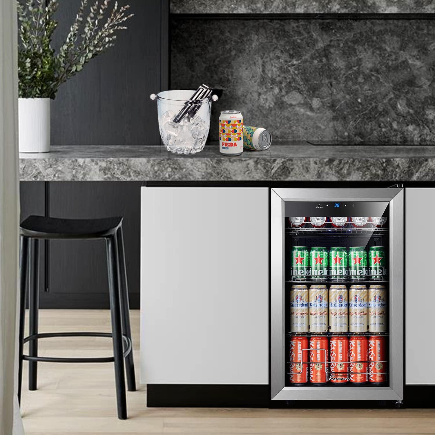 Kalamera KRC-108BV-D Beverage Fridge installed under a kitchen counter.