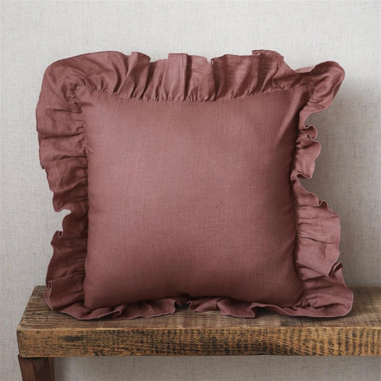 Set of 2 Ruffle Throw Pillow Covers, Linen Decorative Throw Pillows Covers Dusty Rose 20" x 20"