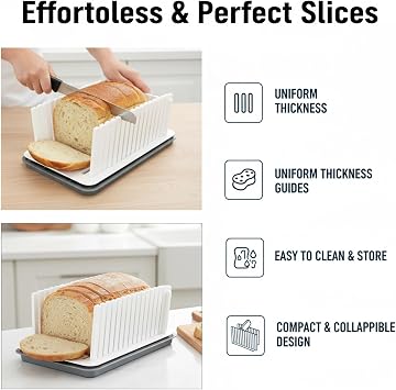 Bread Slicer for Homemade Bread, Adjustable Width Slicing Guide, Foldable and Compact Cutting Guide with Crumb Tray, Suitable for Homemade Bread, Bagels, Cakes