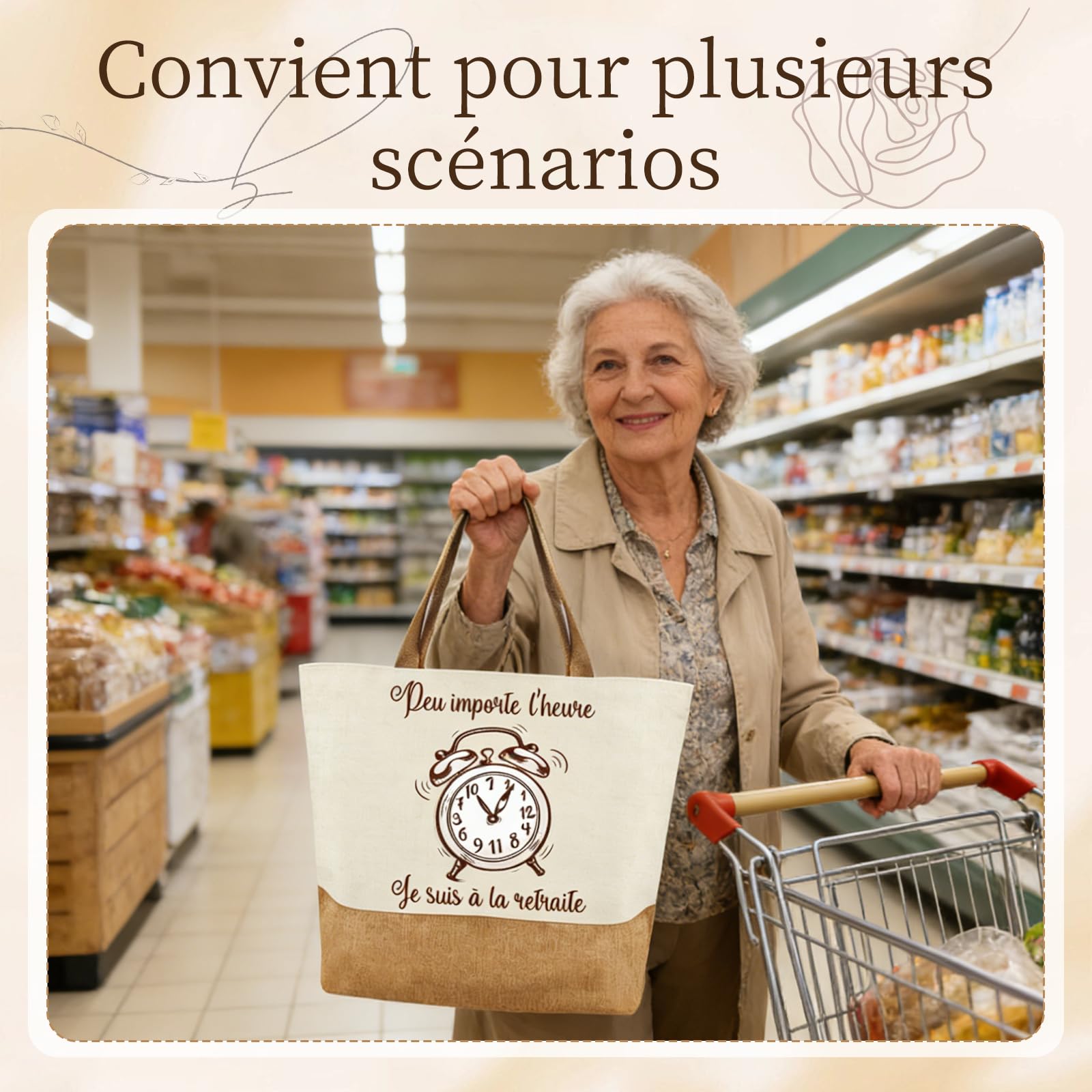 Sac Cabas Toile Robuste Porte-Clés Cadeau Retraite Femme