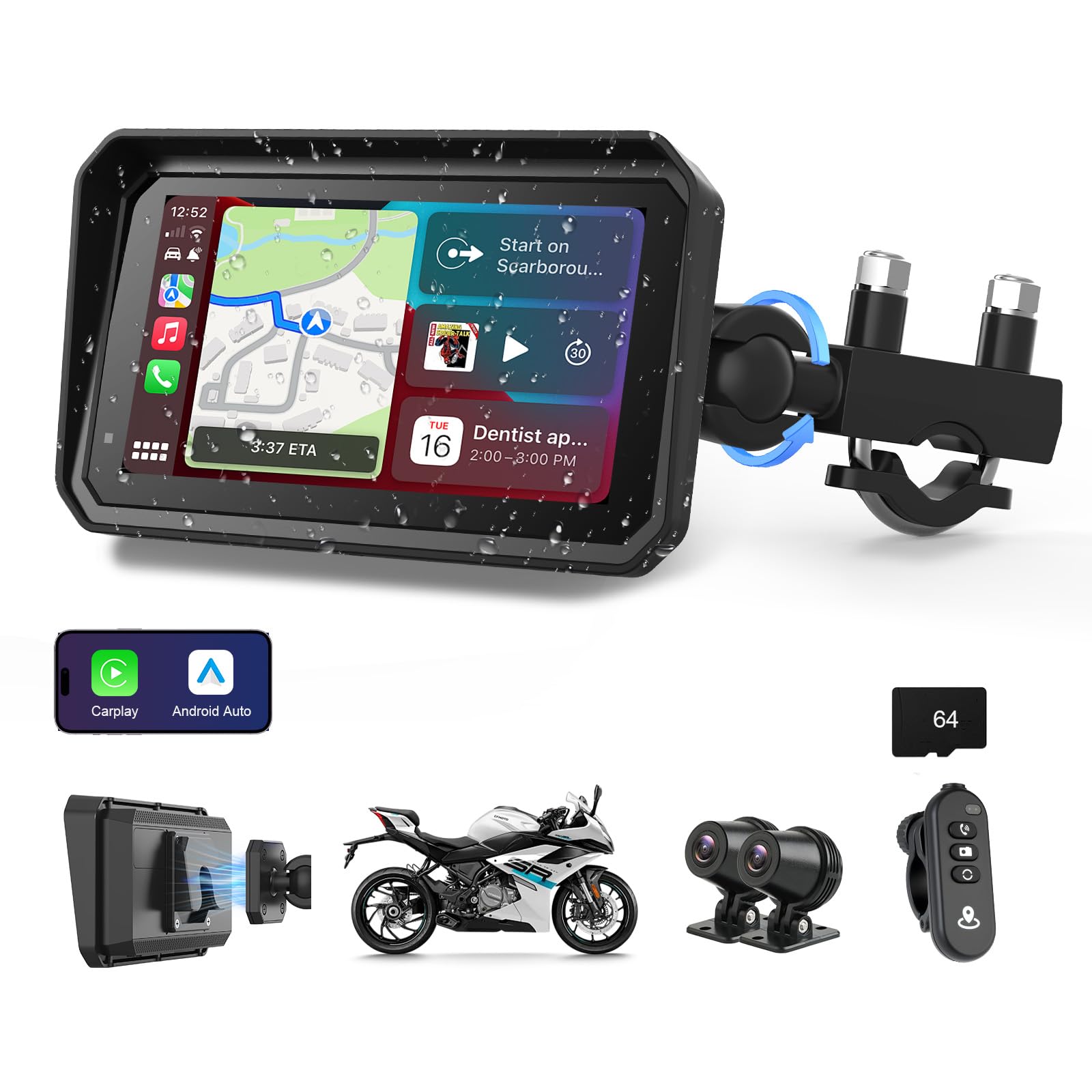 Navigatore Moto 4K Carplay Android Auto 6,25 Pollici Dashcam GPS Bluetooth 64GB