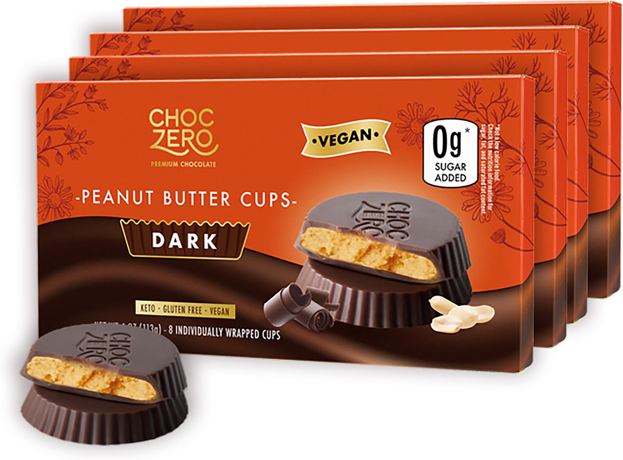 Dark Chocolate Peanut Butter Cups, Vegan, Sugar Free, Low Carb, Gluten Free, 4 Ounce (Pack of 4), 32 Cups Total