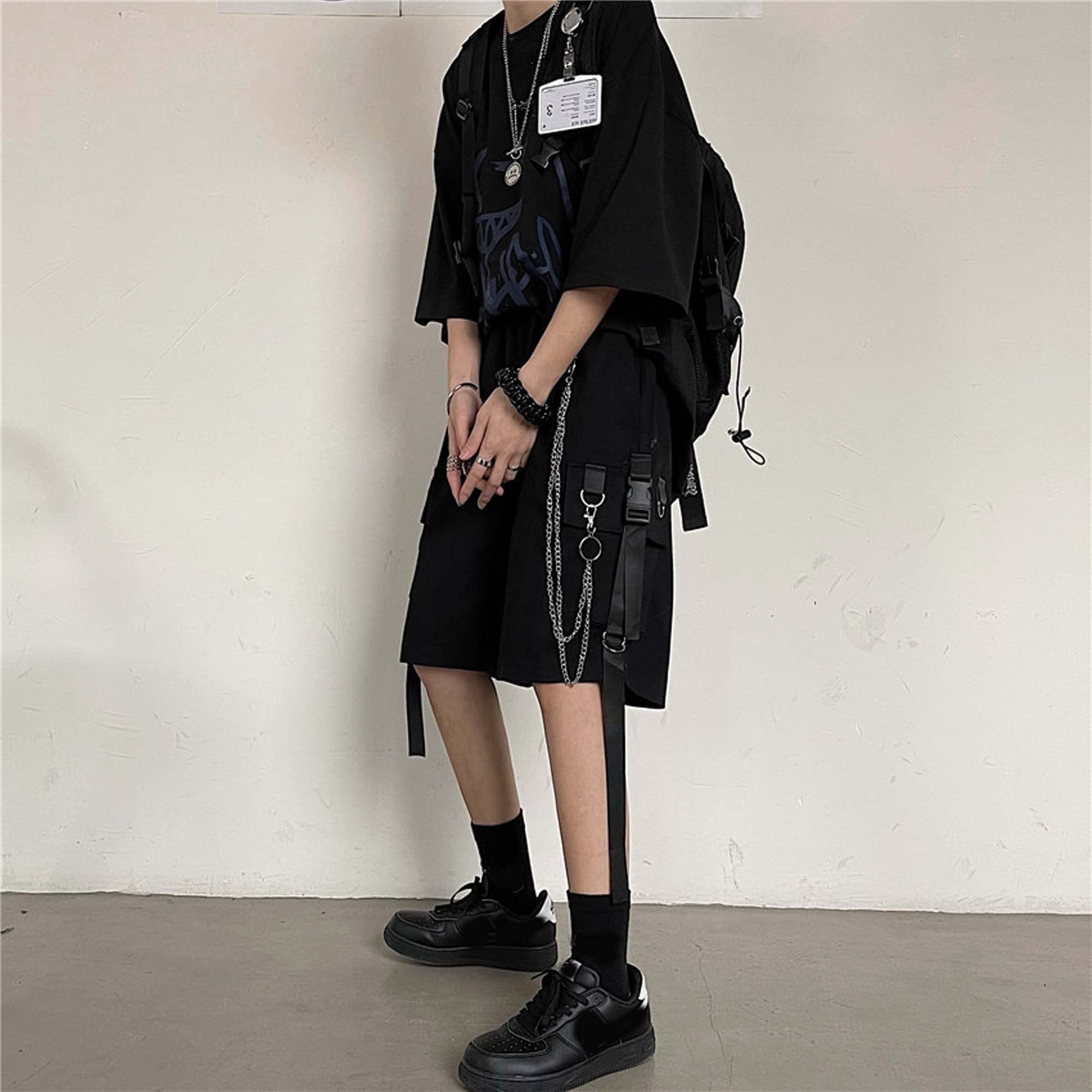 MEINVQIAOTI Black Cargo Pants for Women Street Harajuku Loose Straight Shorts Black Pants with Chains