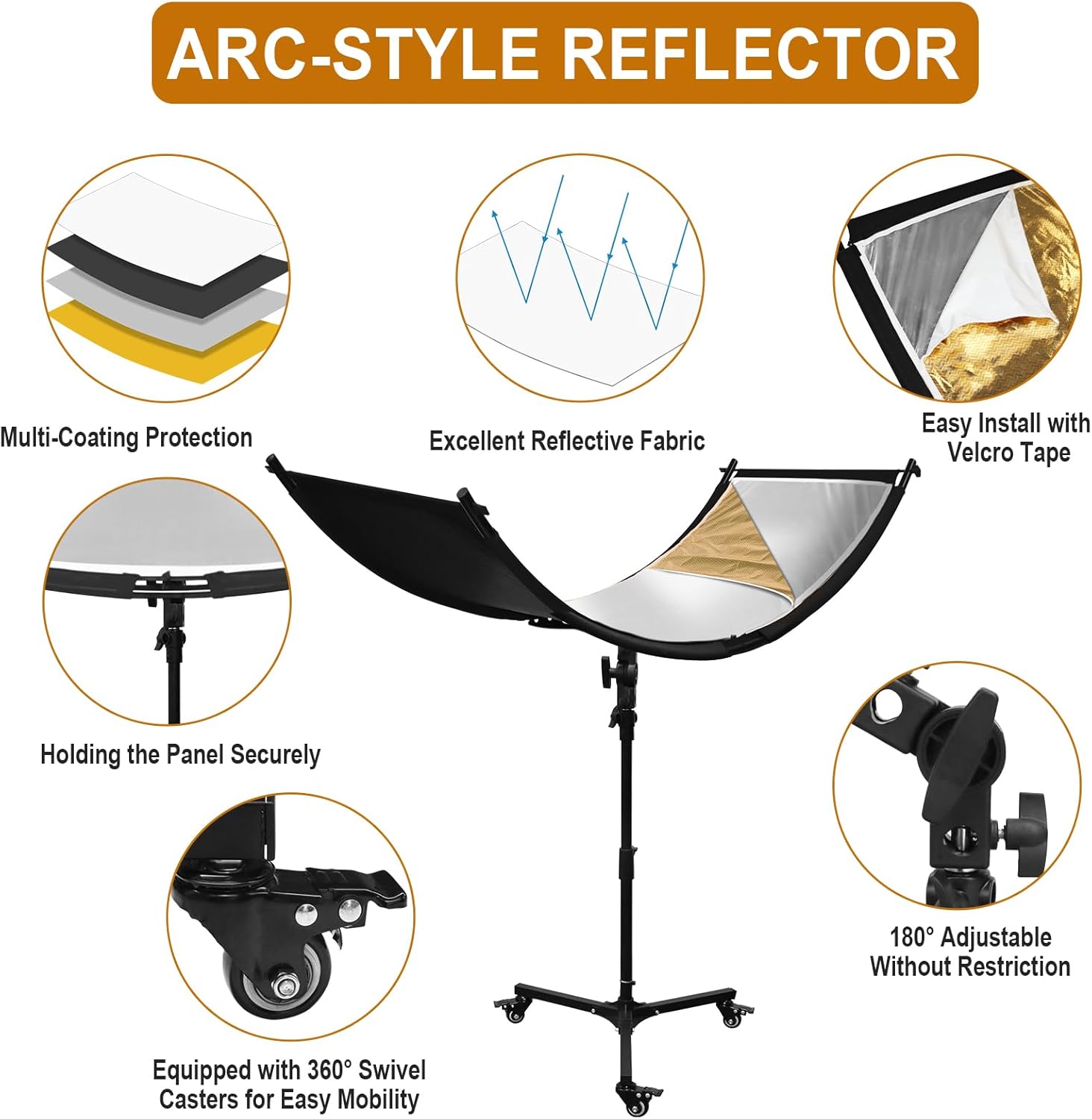 Clamshell Light Reflector Diffuser with Rolling Stand and Carrying Bag, 70"x24" Photography Curved Lighting Reflector for Photo Studio Photography with White/Gold/Silver/Black Colors by MCCKLE