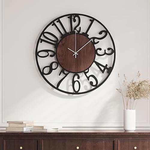 Miniatura 17 de Reloj de pared de 24 pulgadas, relojes de pared grandes para sala de estar, reloj redondo de metal decorativo, funciona con pilas, silencioso, sin