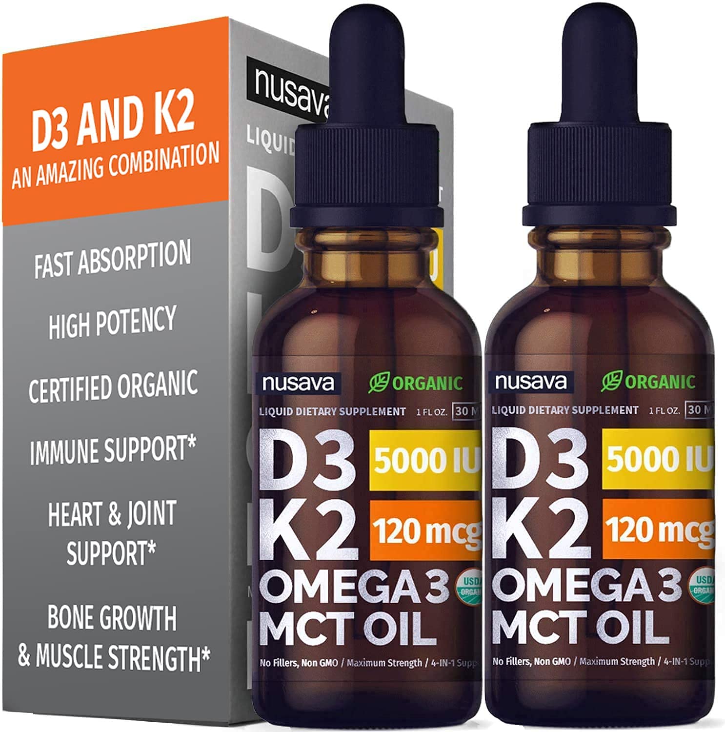 (2 Pack) Organic Vitamin D3 K2 Drops w MCT Oil Omega 3, 5000 IU, Maximum Strength Vitamin D Liquid 5000 IU, No Fillers, No...