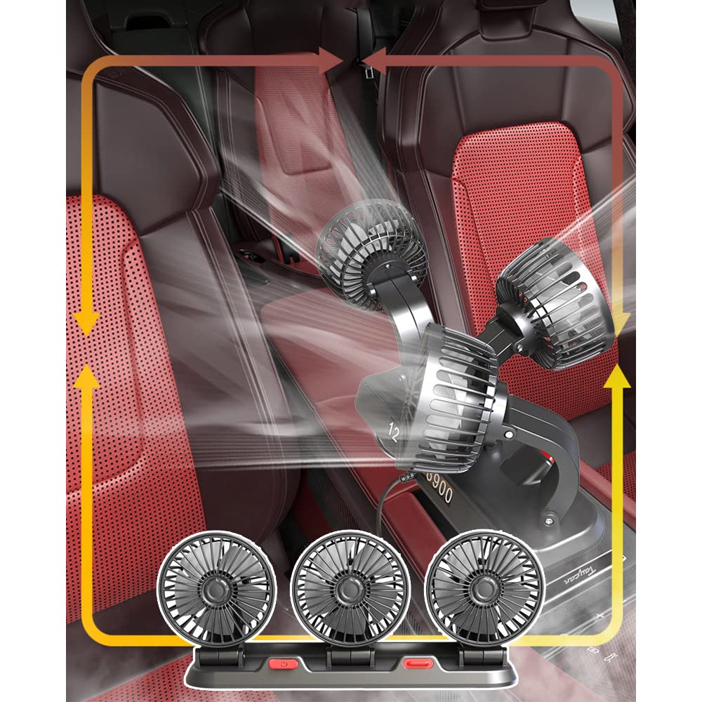 Riloer Ventilatore dell'aria di raffreddamento portatile per auto, Circolatore d'aria di raffreddamento elettrico a tre teste per camion, furgone, SUV, camper, barca, rotante a 360°