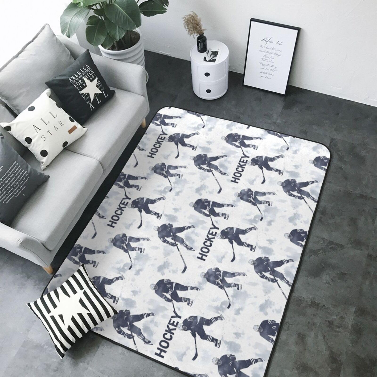 Grand tapis de salon moderne imprimé hockey chambre et bureau lavable